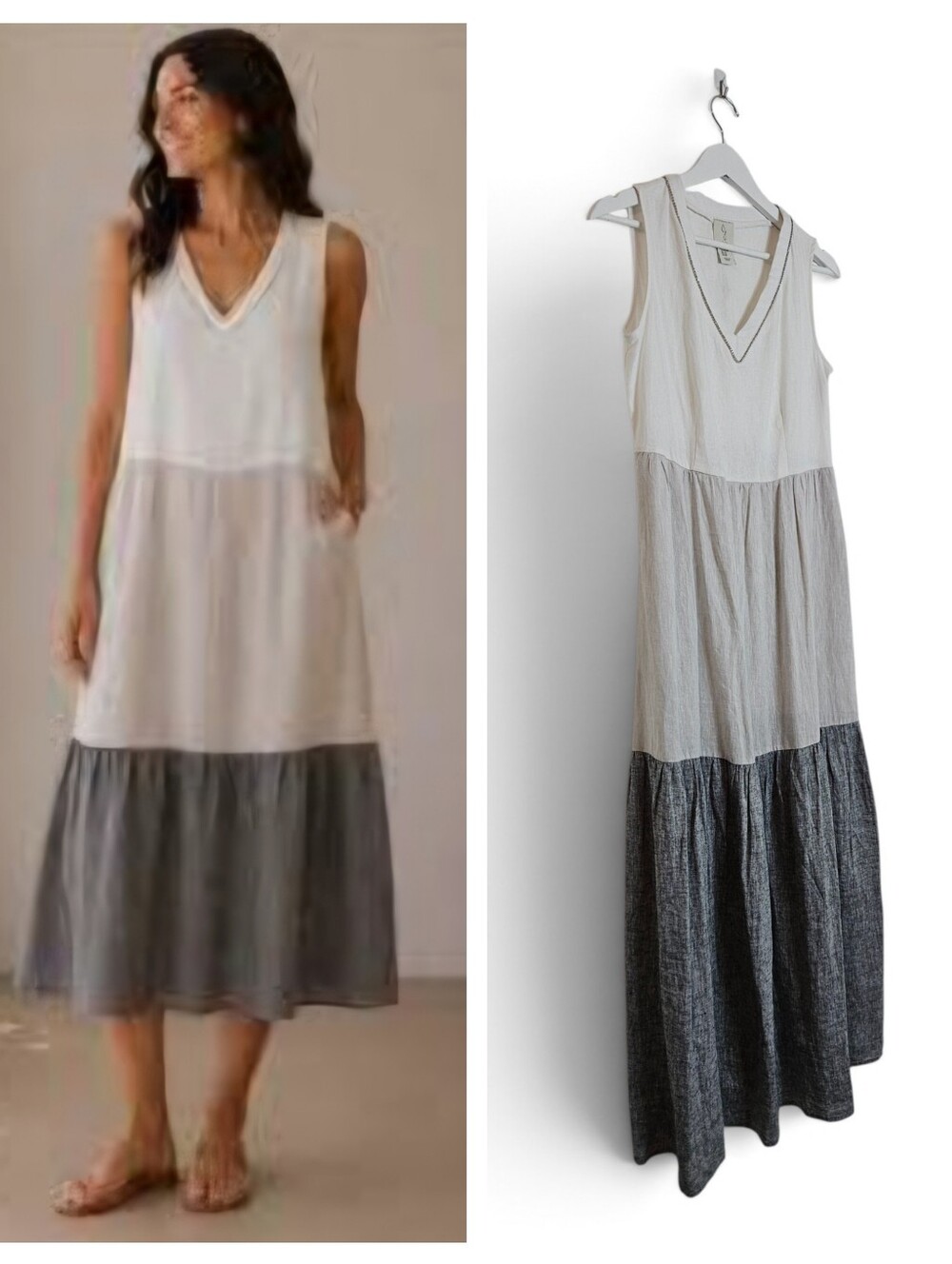 Joie Linen Blend Tiered Maxi Dress XS Beaded V Neck Colorblock Neutral